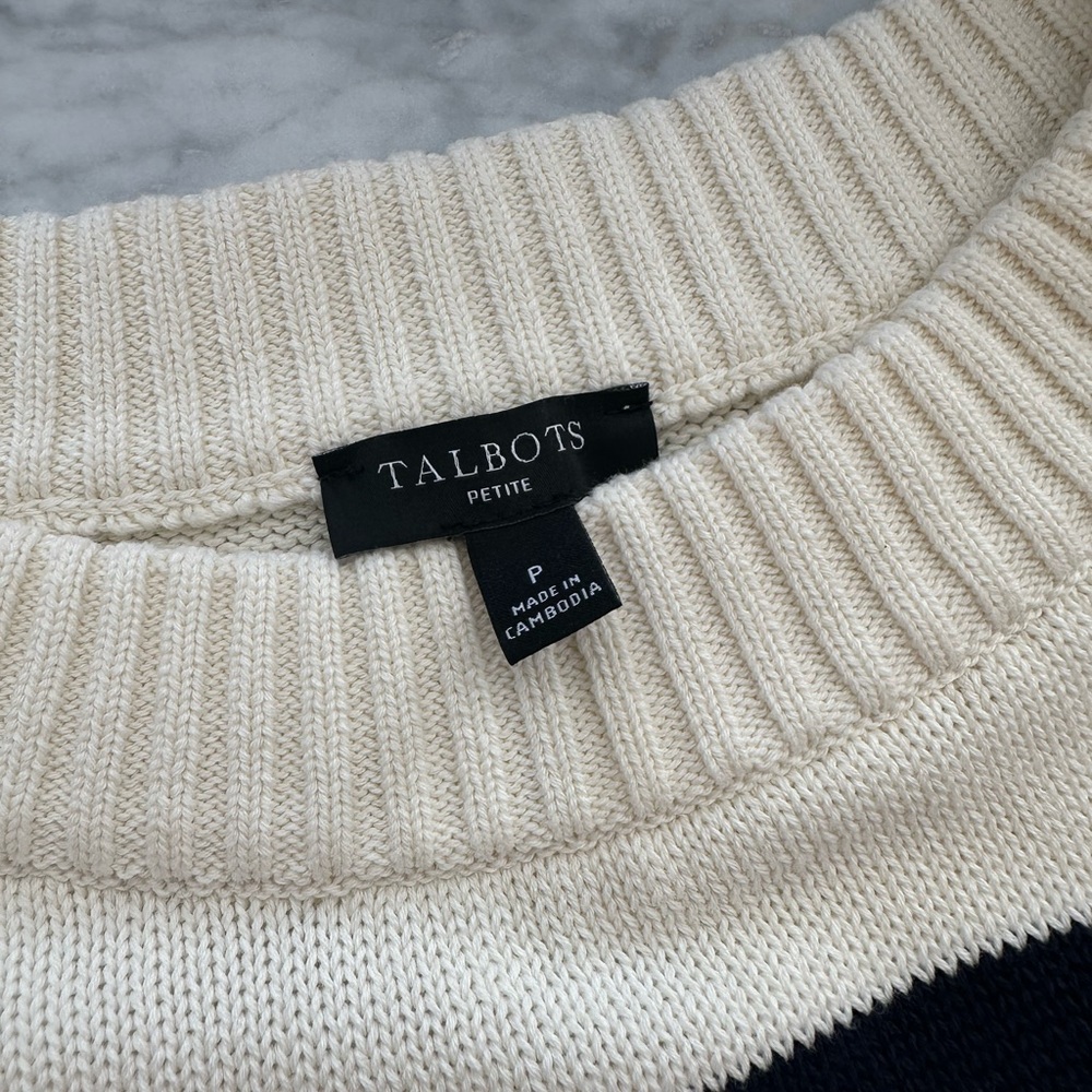 Talbots Cream and Blue Boxy 💯 Pima Cotton Striped Sweater - Picture 3 of 9